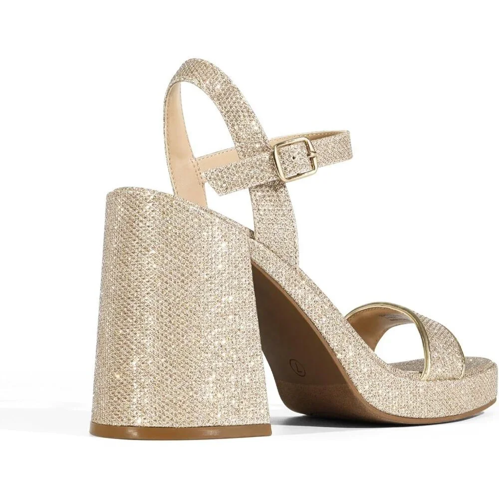 Women's Gold -Glitter Open Toe Chunky Ankle Strap Stylish Sandal Heel Shoe
